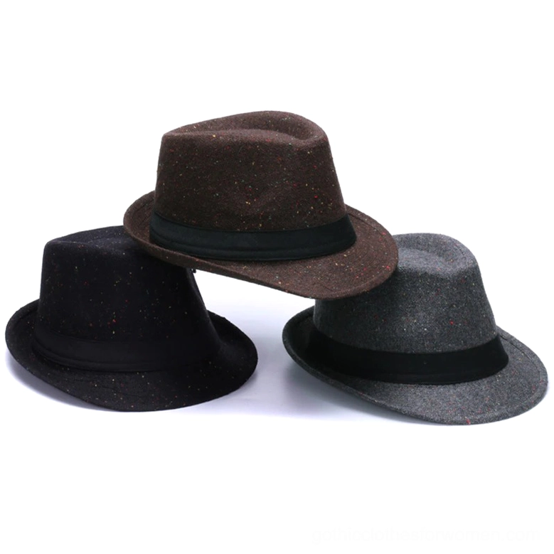 Three gothic fedora hats in black, brown, and gray with speckled wool felt fabric and black ribbon bands displayed in flat lay arrangement