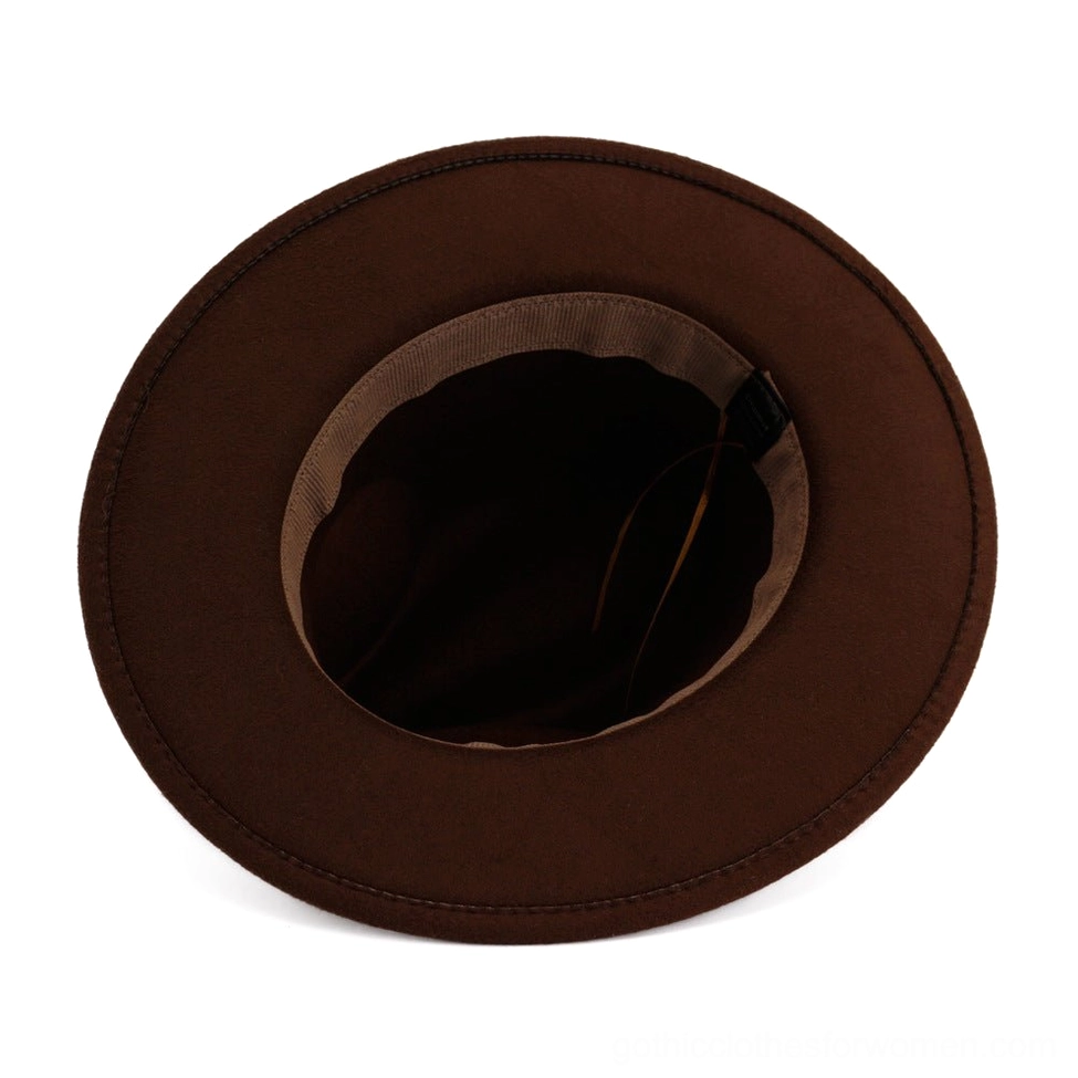 Gothic vintage fedora hat interior band and sizing detail with leather belt accent