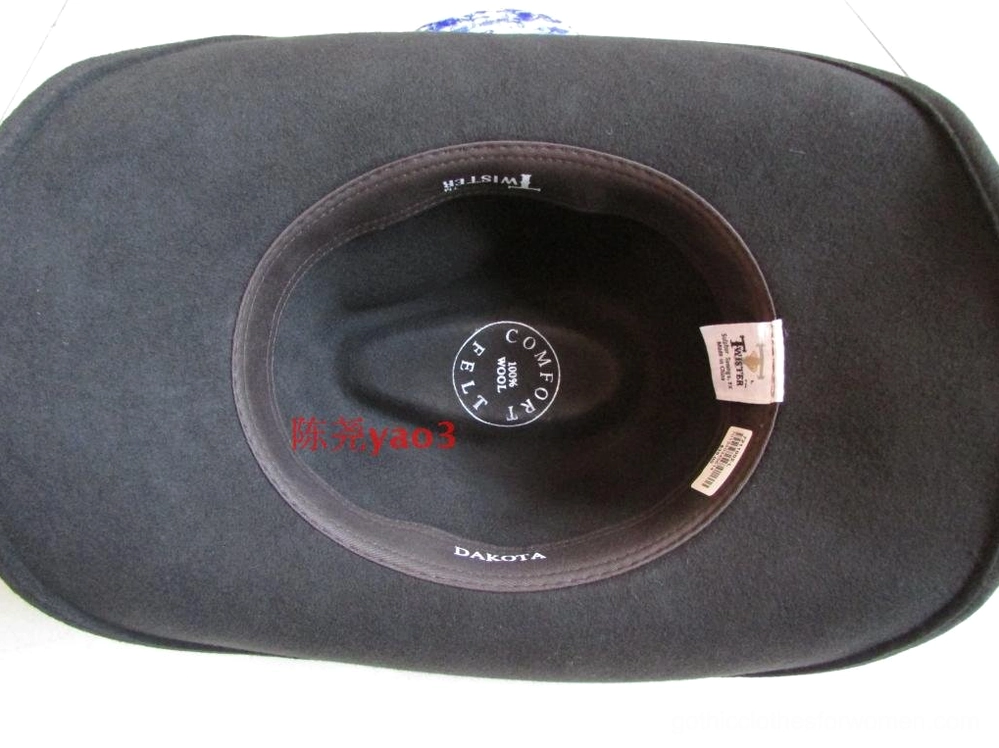 Interior top view of black gothic wool fedora showing felt lining, inner band details, and quality construction for goth alternative style