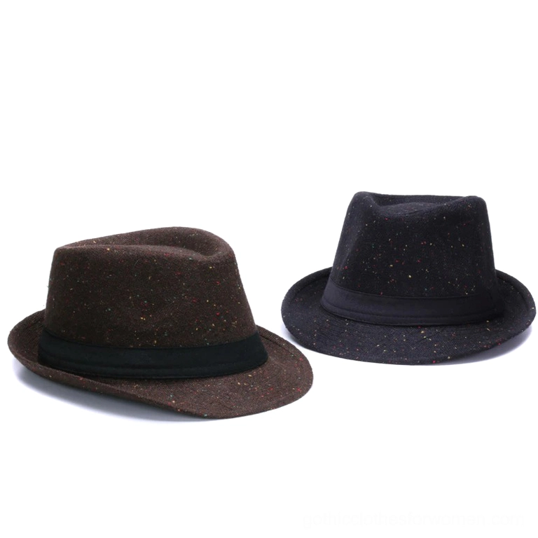 Brown and black gothic fedora hats displayed side by side with matching black ribbon bands