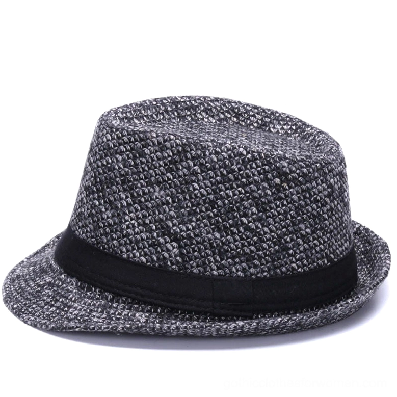 Gothic fedora hat with black ribbon band alternative styling perspective and brim construction