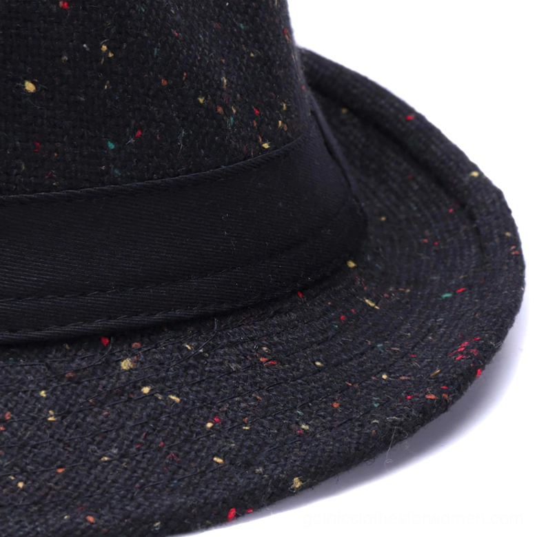 Gothic fedora hat underside view showing felt construction and brim structure