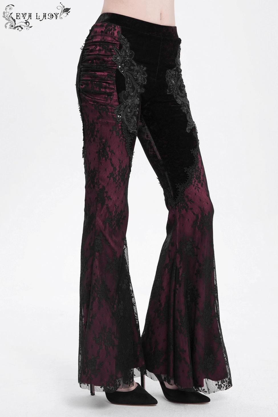 Gothic festival wear black velvet flare pants with wine-red lace hem detail showing embroidered embellishments and ruched construction