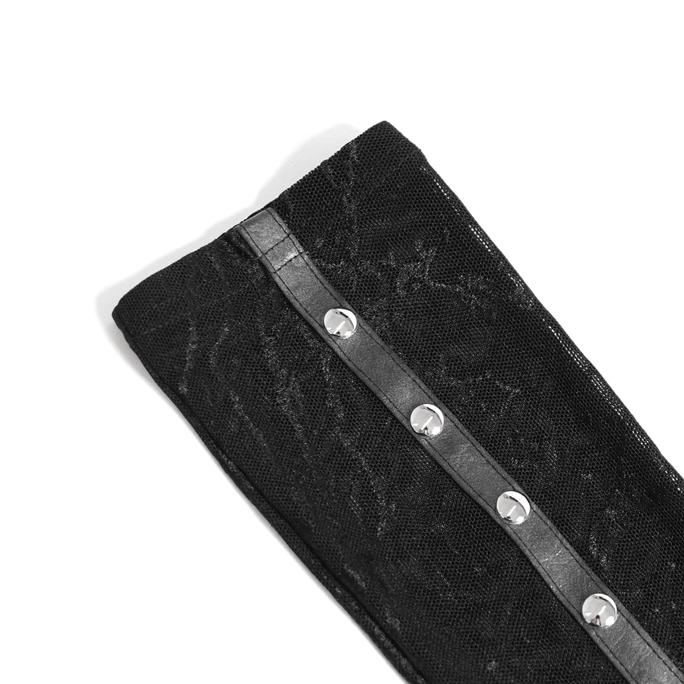 Close-up of gothic fingerless arm sleeves displaying spike stud decoration and mesh lace pattern detail
