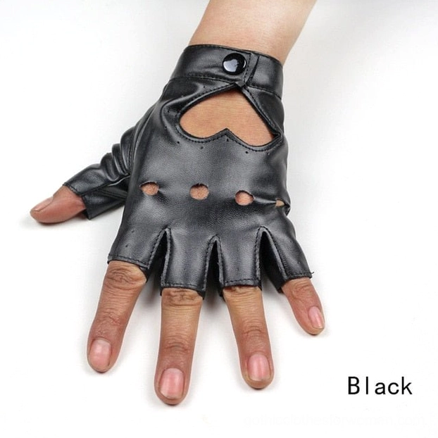 Black PU leather fingerless gothic glove with decorative heart cutout, worn on hand, front view display of punk rock half-finger design