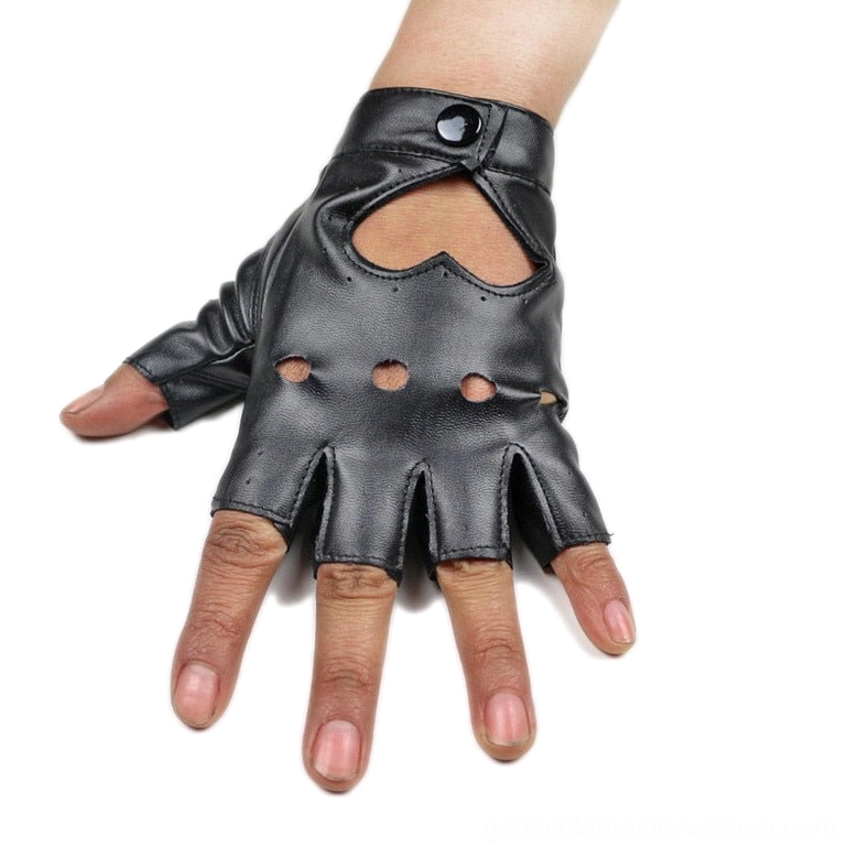 Single black fingerless punk rock glove with heart cutout detail worn on one hand, overhead front view showing the shockproof padding and synthetic leather construction