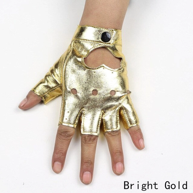 Bright gold metallic fingerless gothic glove with heart cutout, worn on hand, front view showing the luxe metallic finish for alternative fashion