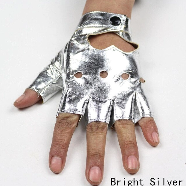 Bright silver metallic fingerless gothic glove with heart cutout, worn on hand, front view displaying the cyber goth metallic aesthetic