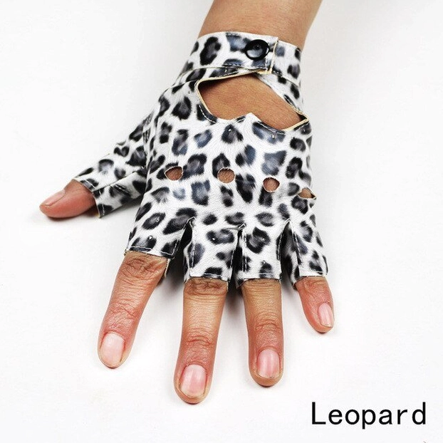 Leopard print synthetic leather fingerless gothic glove with heart cutout, worn on hand, front view showcasing the alternative fashion pattern