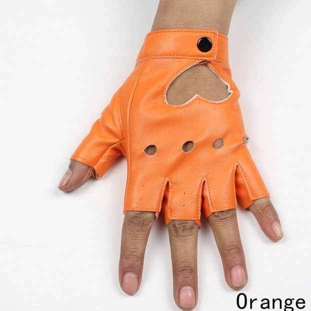 Orange synthetic leather fingerless gothic glove with heart cutout, worn on hand, front view of the vibrant punk rock design