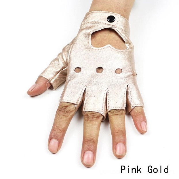 Pink gold metallic fingerless gothic glove with heart cutout, worn on hand, front view of the romantic goth metallic variant