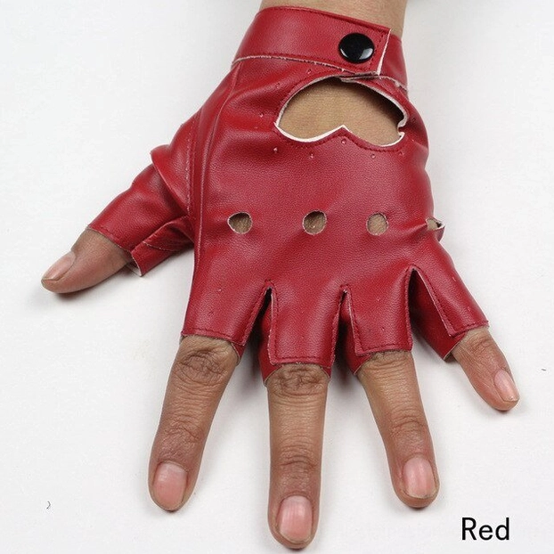 Red synthetic leather fingerless gothic glove with heart cutout, worn on hand, front view displaying the bold red goth aesthetic