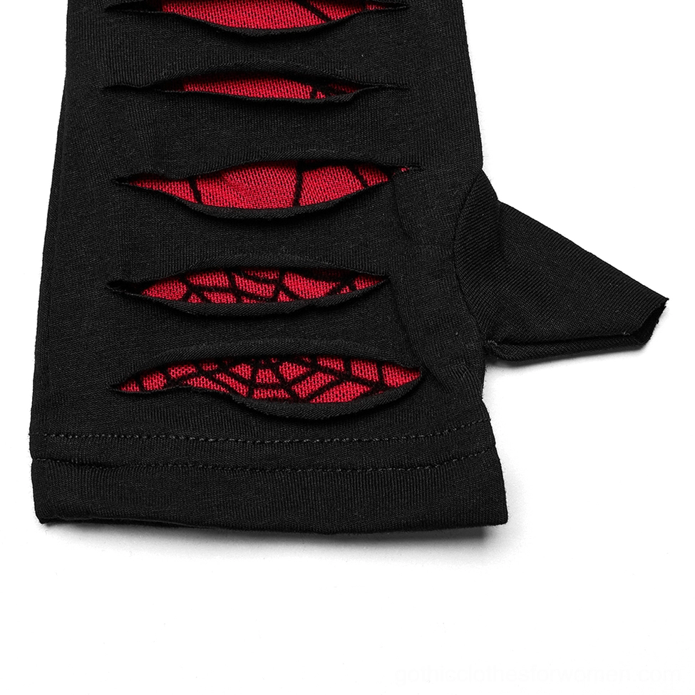 Side close-up of single black gothic fingerless glove with red spider web accents, removable thumb loop, and fitted knit silhouette for alternative goth fashion