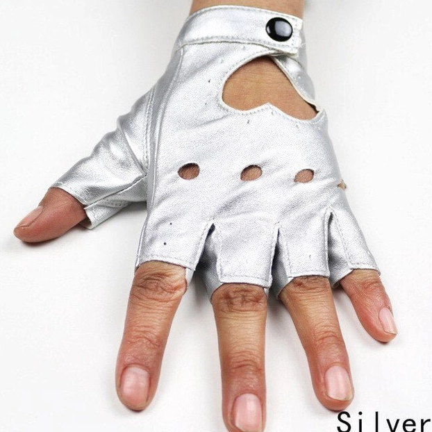 Silver metallic synthetic leather fingerless gothic glove with heart cutout, worn on hand, front view showing the cyber goth shine and reflective features