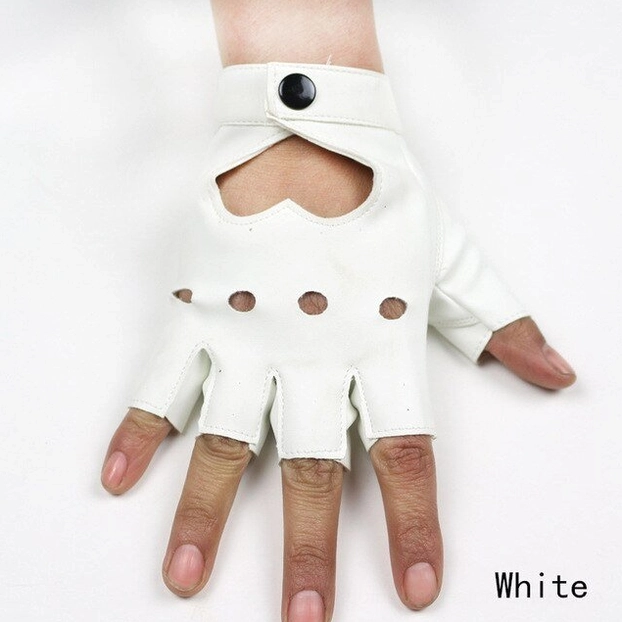 White synthetic leather fingerless gothic glove with heart cutout, worn on hand, front view of the punk rock half-finger design