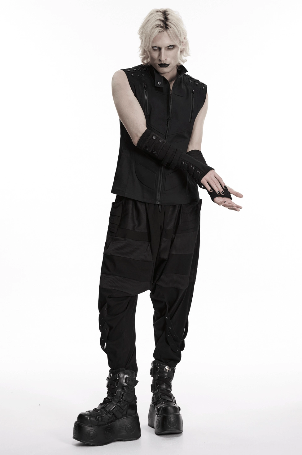 Gothic fingerless gloves alternative angle showing rivet strap coverage and black knit fabric texture quality