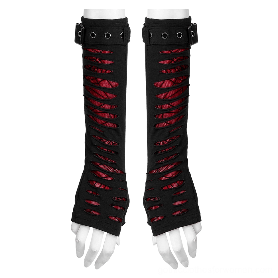 Flat lay product display of black gothic fingerless gloves with horizontal ripped slits and red spider web lining, showing both gloves with metal buckle cuffs and adjustable straps