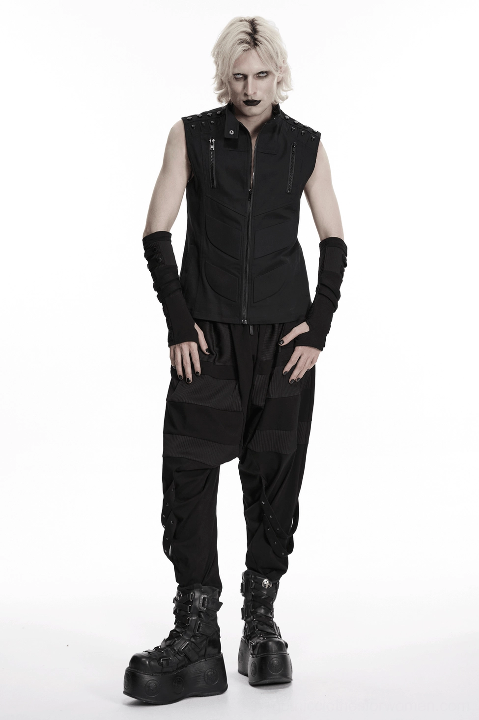 Front facing view of gothic fingerless gloves showcasing black ribbed knit and matte rivet button aesthetic against white background