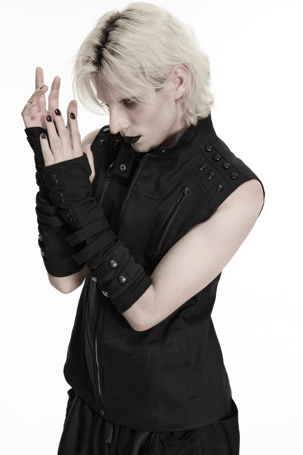 Full-length gothic fingerless gloves display showing complete arm coverage, rivet hardware placement, and layered strap design