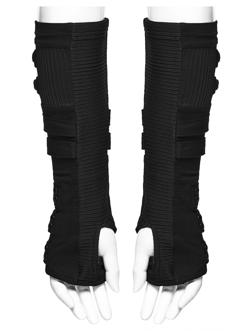 Gothic fingerless gloves vertical ribbed panel texture detail showing layered rivet strap construction on black knit fabric