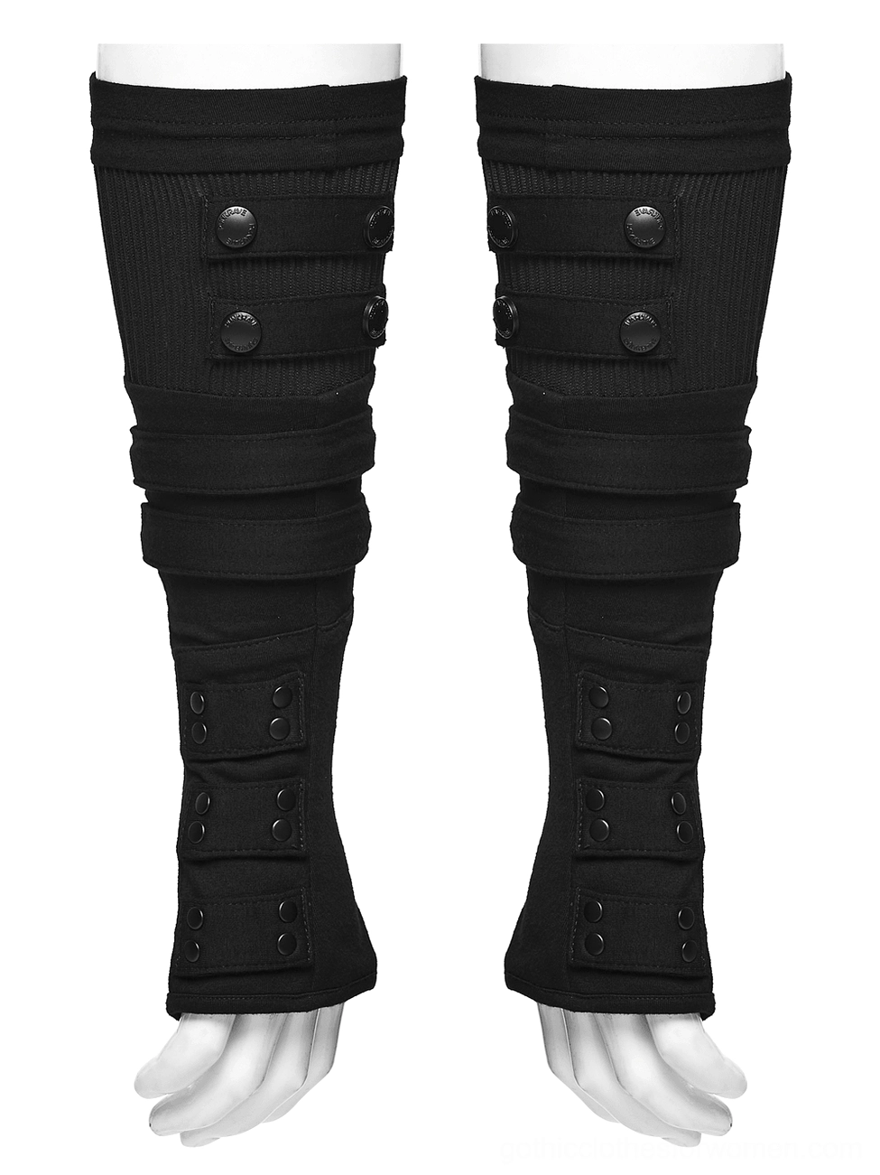 Close-up of black gothic fingerless gloves front view showing ribbed knit panels and rivet button hardware details