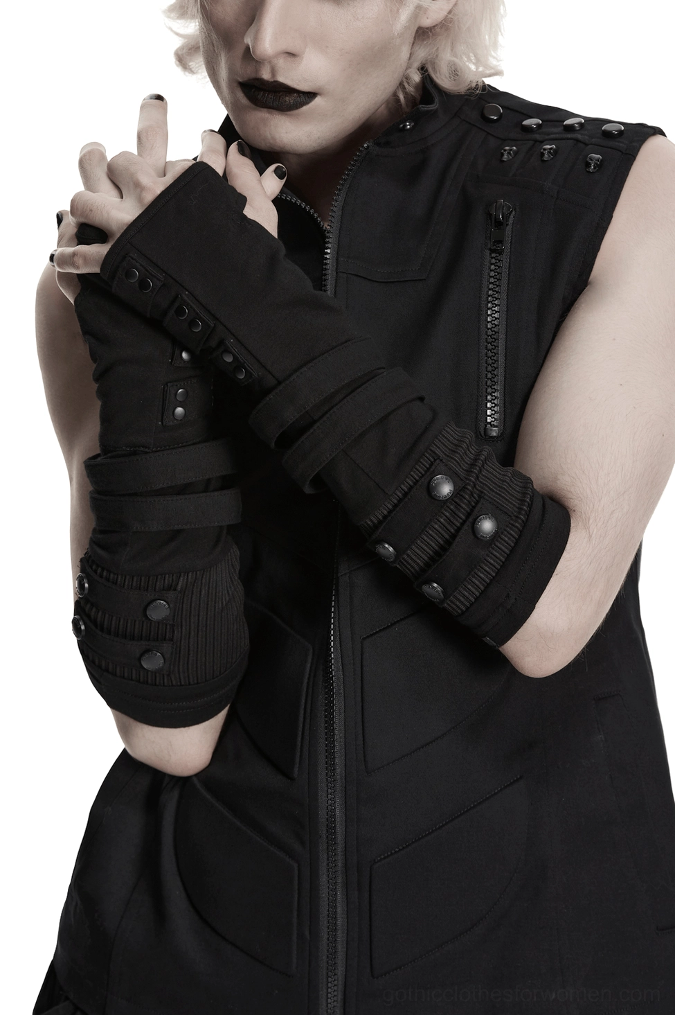Gothic fingerless gloves with layered rivet straps on male model, front close-up view showing black knit fabric and industrial hardware details