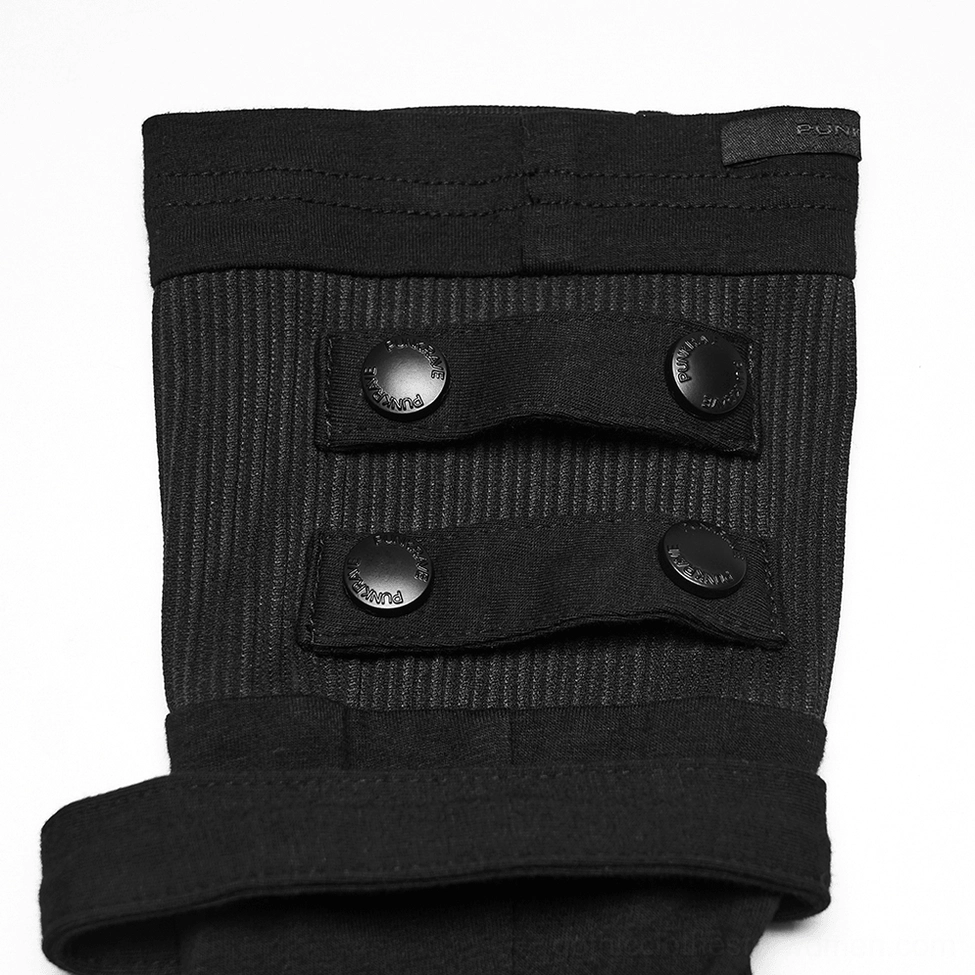 Side profile detail of gothic fingerless glove showing dual rivet strap rows and ribbed knit texture