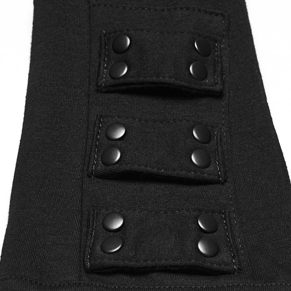 Flat view macro detail of gothic gloves showing triple rows of rivet strap bands on black knit fabric surface