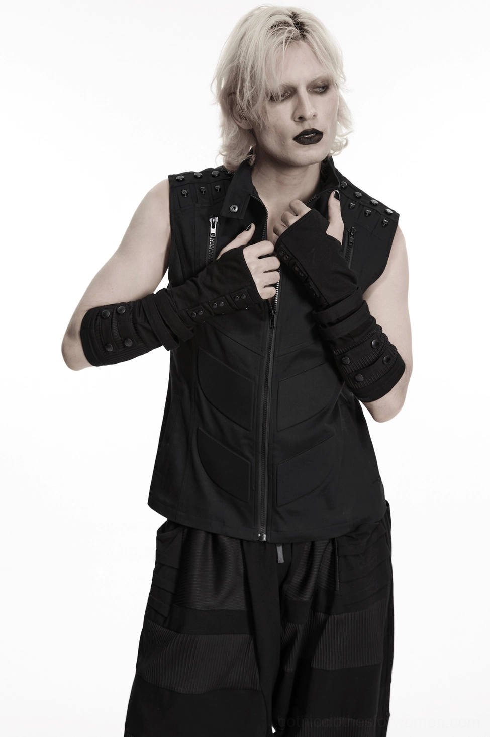 Gothic fingerless gloves detail view showing upper opening circumference and strap band layering on black knit construction