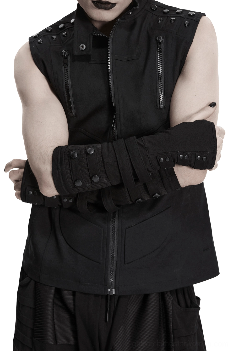 Black gothic fingerless gloves styled with zippered vest, model wearing dark alternative fashion ensemble demonstrating layering potential