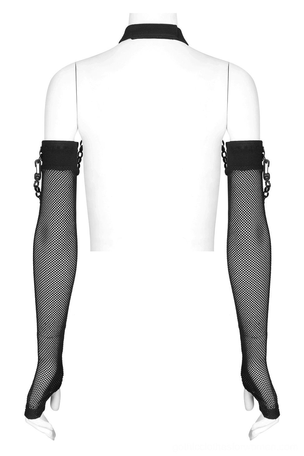Pair of black fishnet gothic arm sleeves displayed on back-facing mannequin, showcasing all-black mesh material and upper arm strap with chain hardware