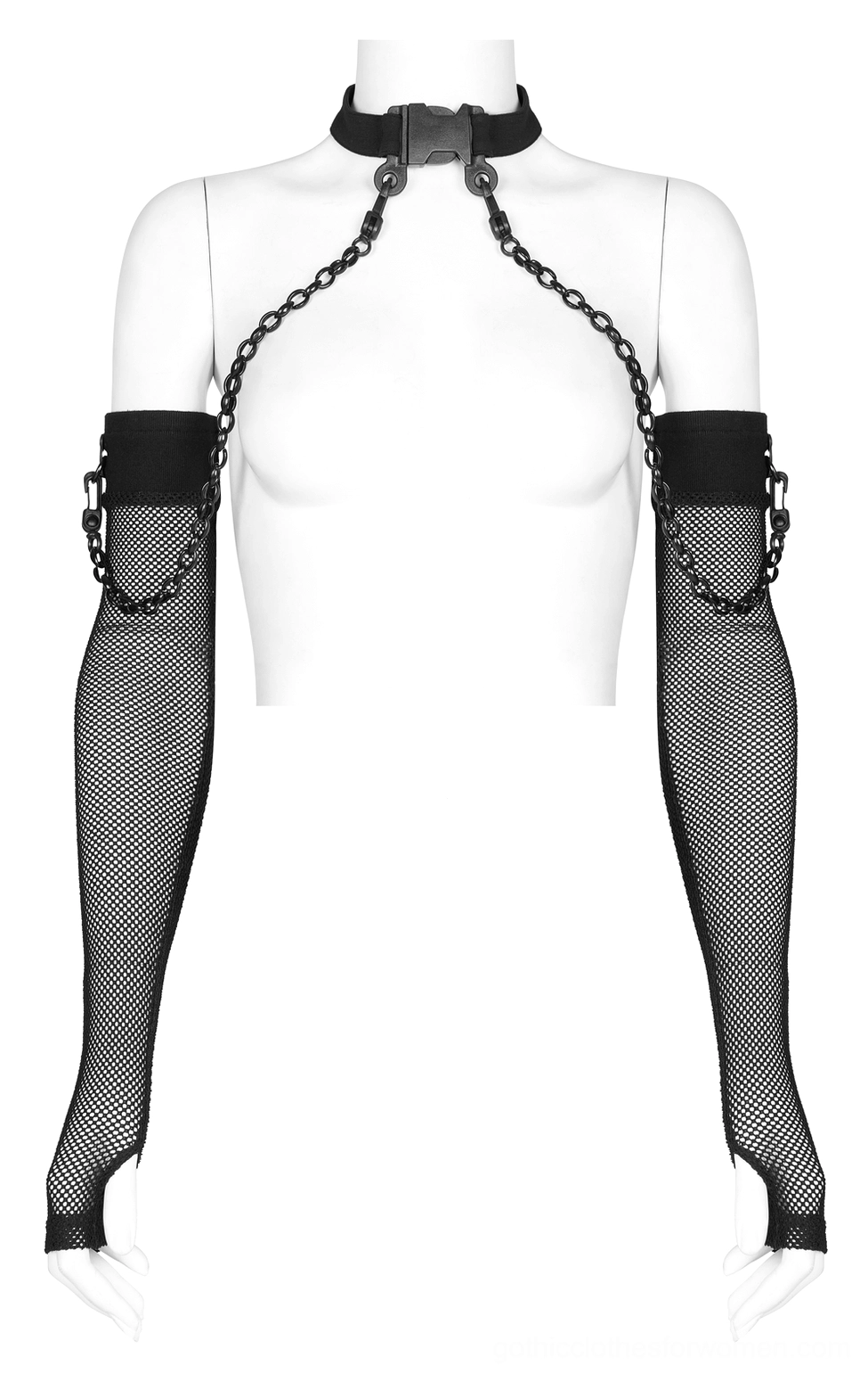 Pair of black fishnet gothic arm sleeves with chain attachment displayed on front-facing mannequin, showing fingerless cuff design and upper arm strap hardware