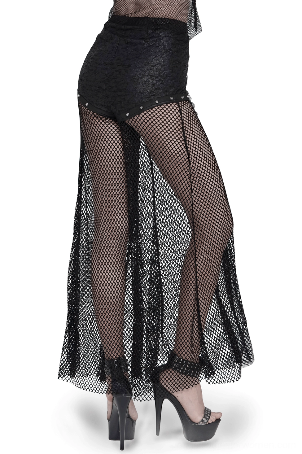 Gothic fishnet flare pants rear side perspective on model showing high-waisted design and chain detailing