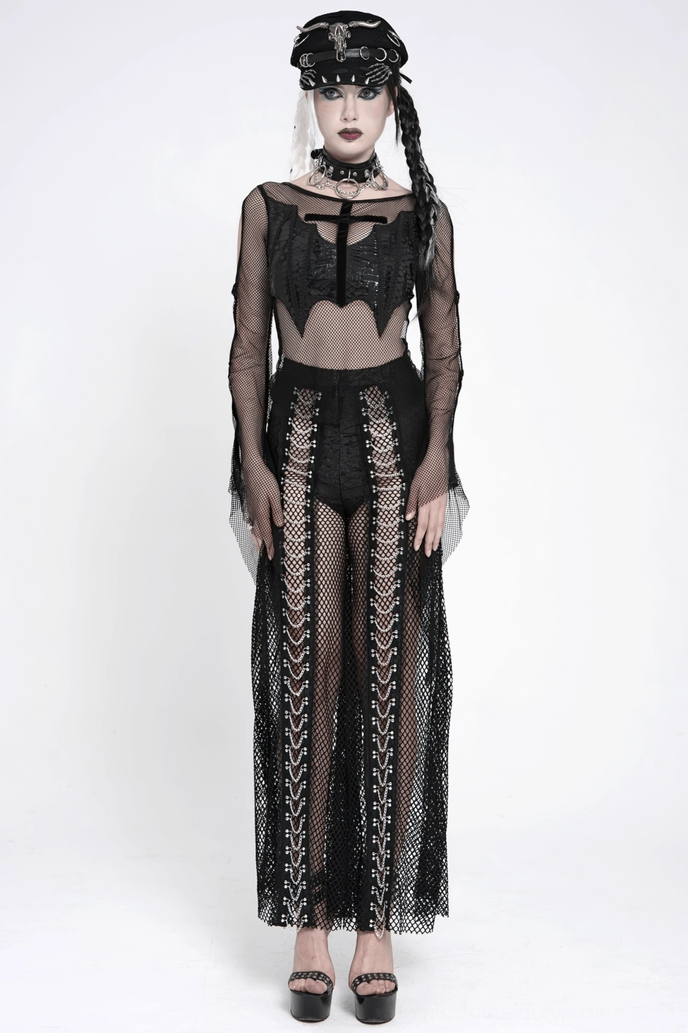 Frontal close-up of black gothic fishnet pants showing chain hardware and mesh integration