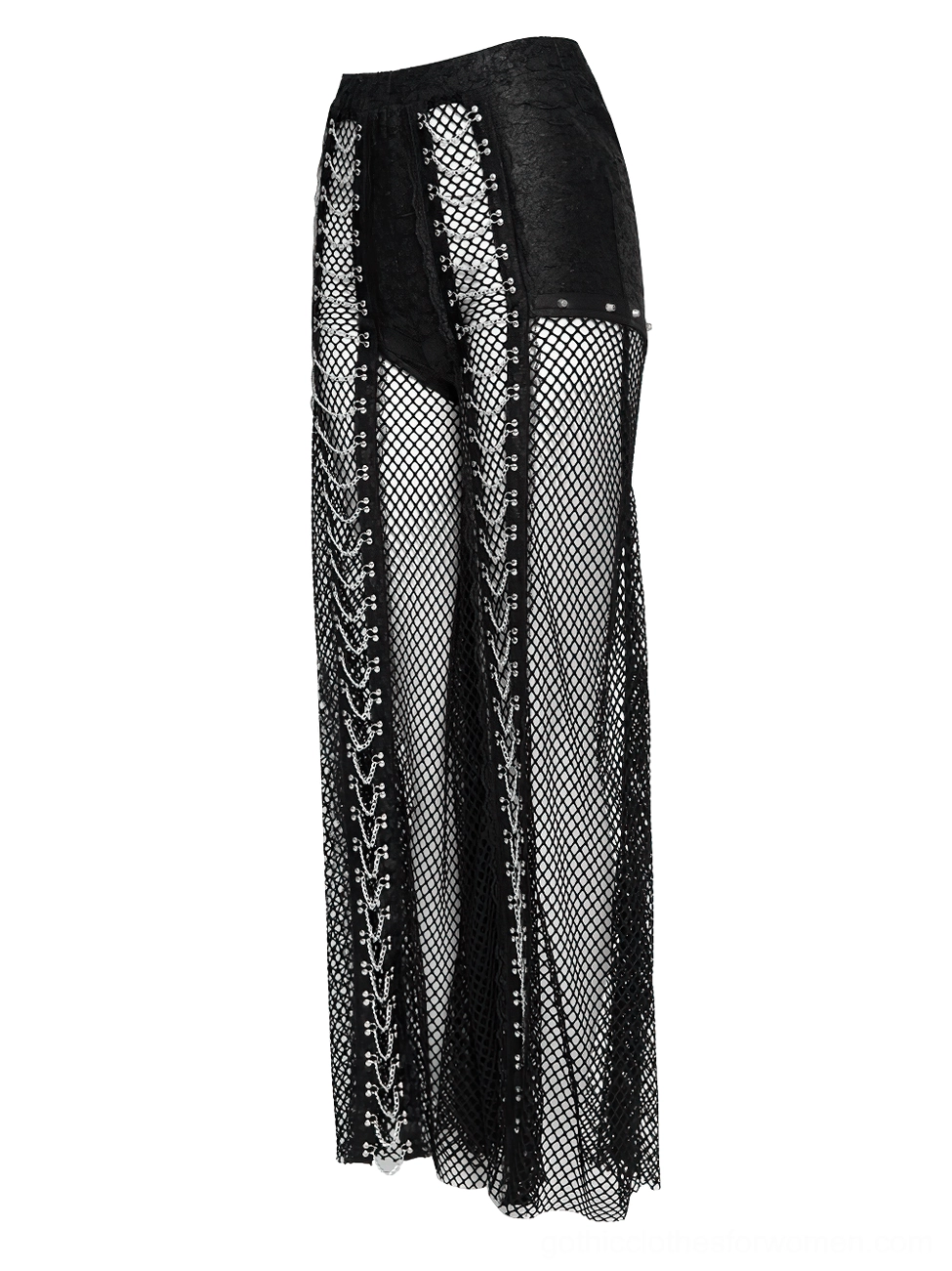 Flat lay side view gothic fishnet pants displaying chain along seams and side mesh fabric