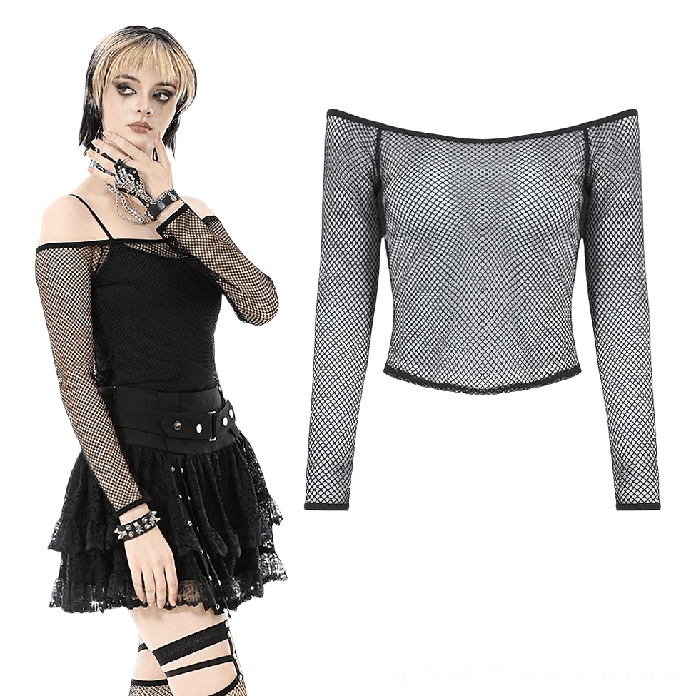 Gothic fishnet off-shoulder top styled with punk outfit and layered look