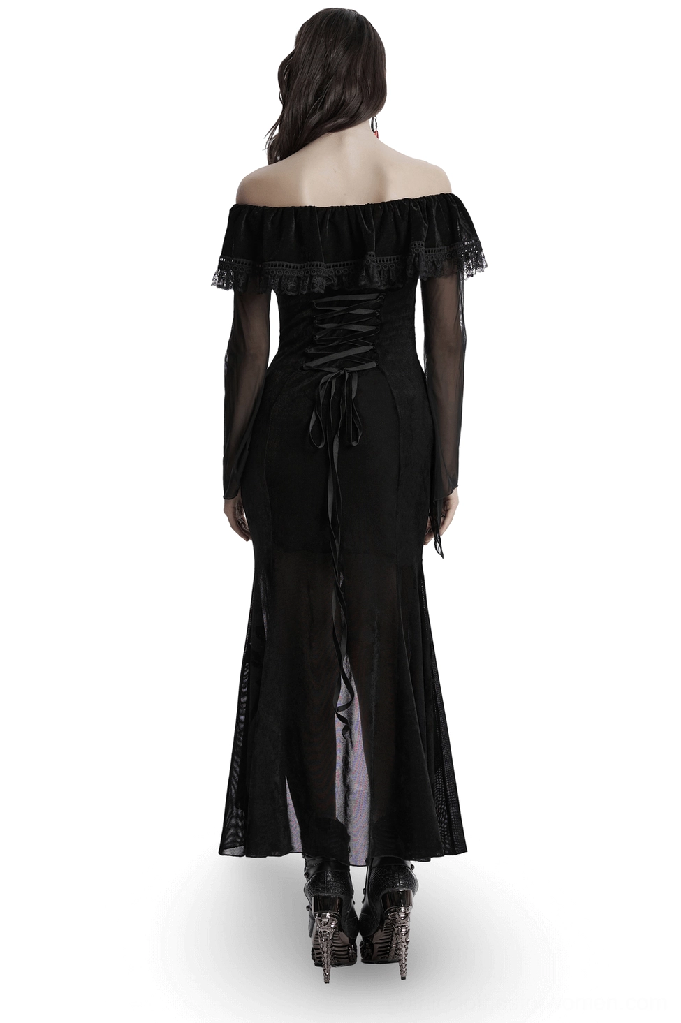 Gothic dress back view showcasing corset lace-up back detail and sheer mesh fishtail hem on model