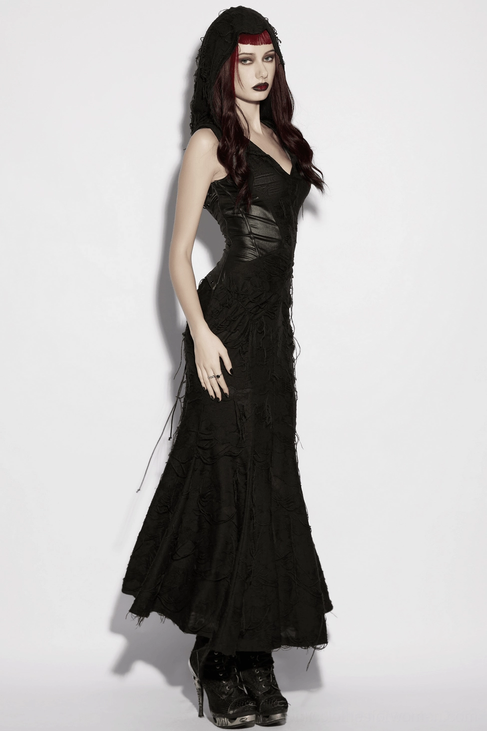 Hooded gothic fishtail dress side view showing cutout shoulder and sleeveless design with flowing skirt