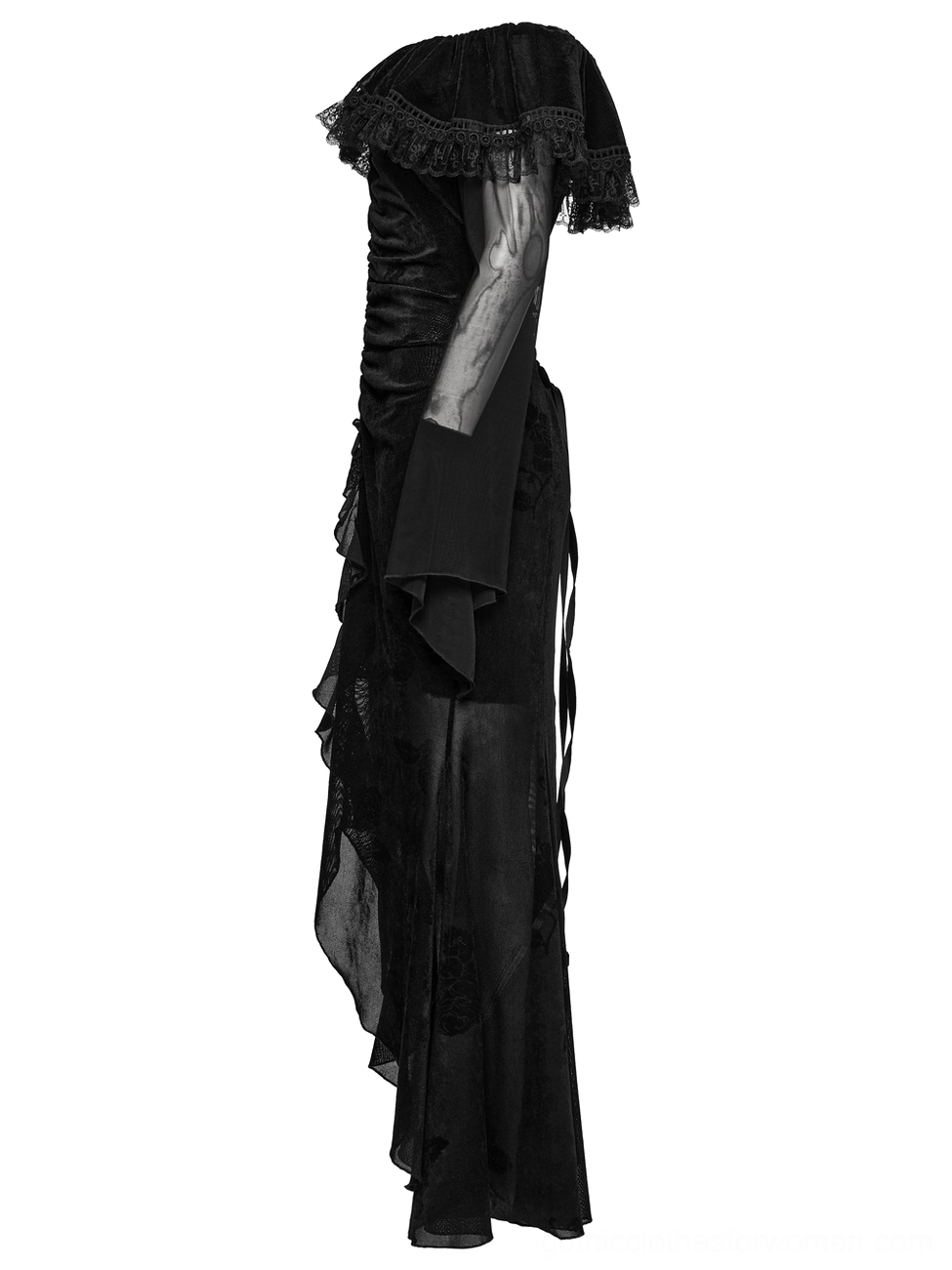 Black fishtail gothic dress side profile showing asymmetric high-low hem and sheer mesh panel construction