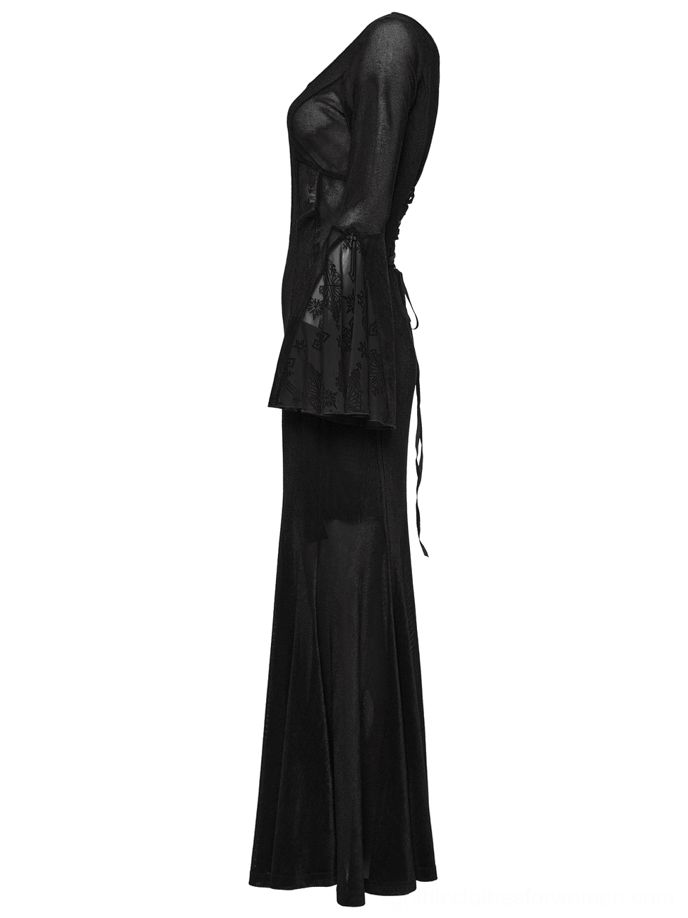 Black gothic fishtail dress side flat lay view showing sheer mesh panels and lace-up back tie detail