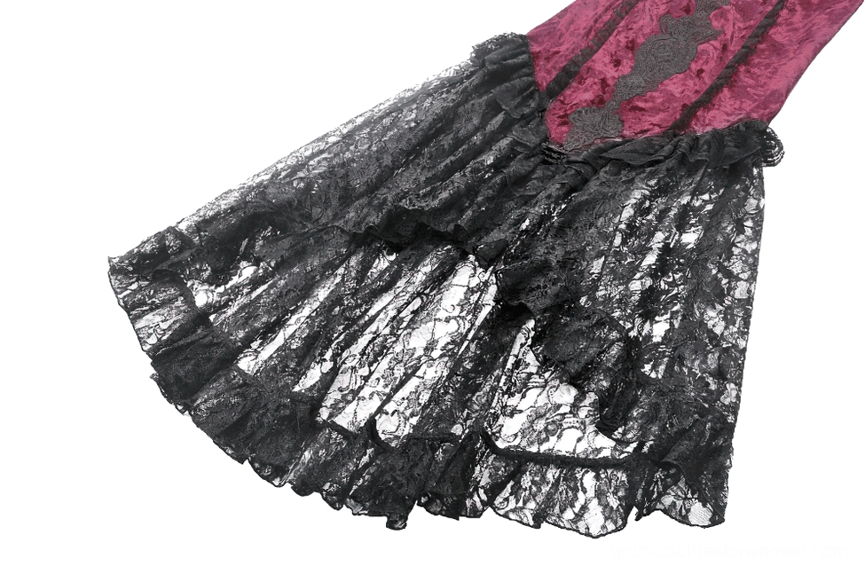 Tiered black lace fishtail hem close-up showing sheer ruffled layers and delicate lace pattern