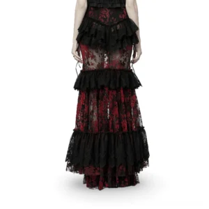 Gothic fishtail lace skirt rear back view showing floor-length layered ruffled hem and dramatic silhouette