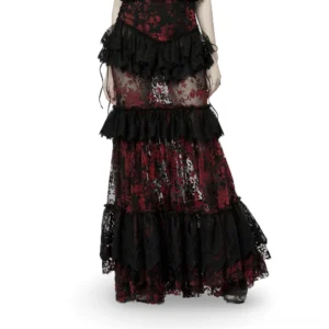 Black red floral gothic fishtail lace skirt front three-quarter view with model wearing alternative fashion dress
