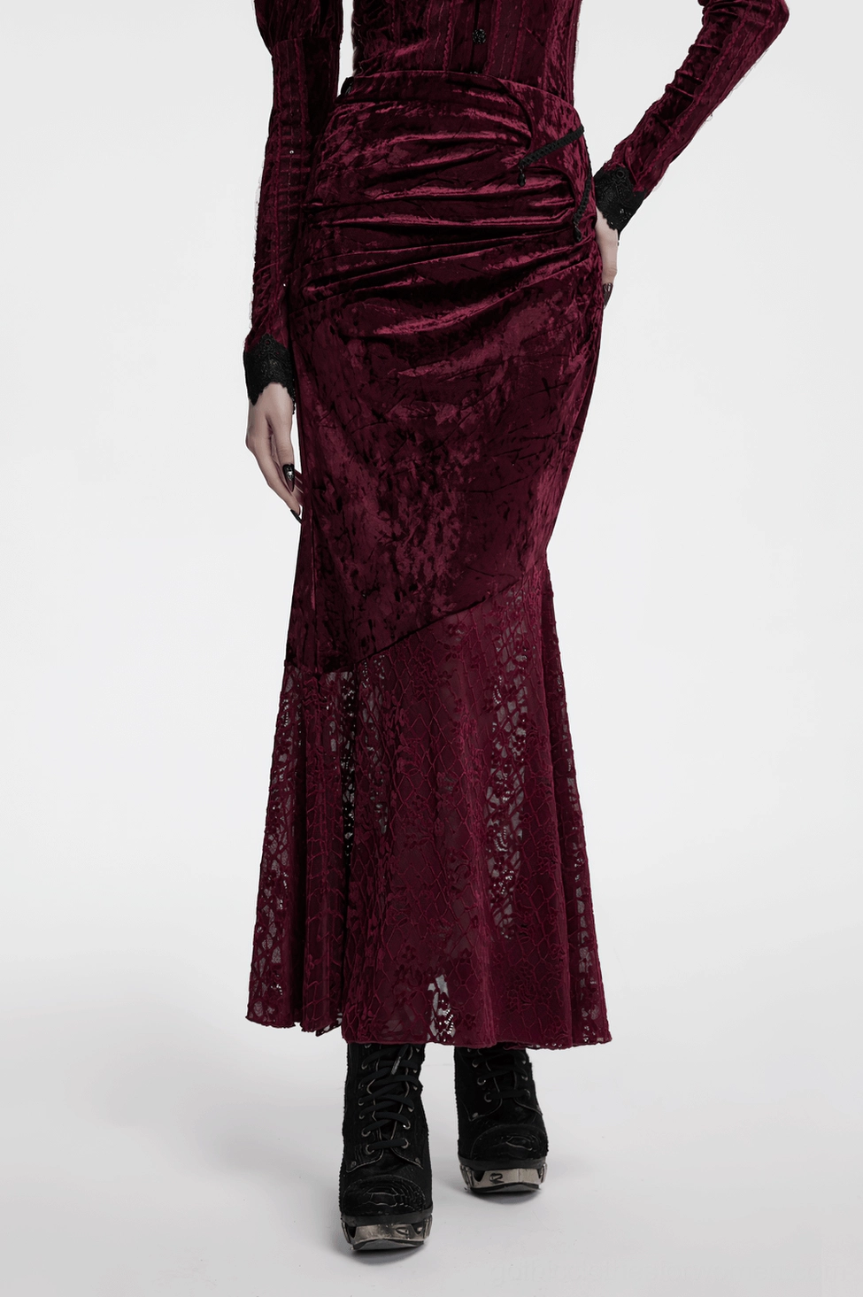 Burgundy crushed velvet fishtail skirt showing full length silhouette with layered lace hem and decorative side detailing