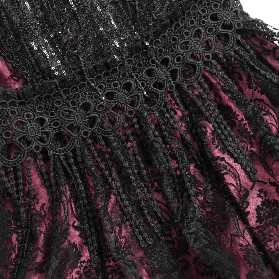 Alternative view of black burgundy gothic fishtail skirt showing chain detail and sequined lace overlay
