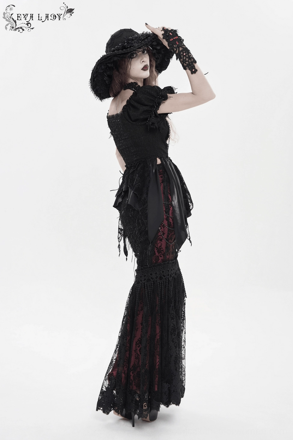 Gothic fishtail skirt angle view highlighting metal chain details and fishtail hem silhouette