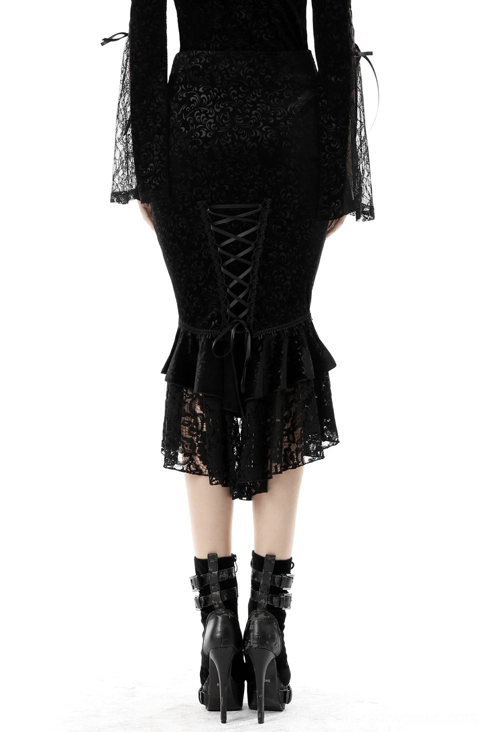 Gothic fishtail skirt back view displaying lace-up corset closure, layered lace trim, and velvet texture