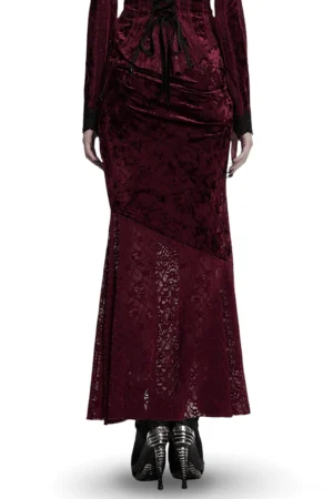 Burgundy gothic fishtail maxi skirt back view with drawstring waist closure and decorative floral lace lower panel