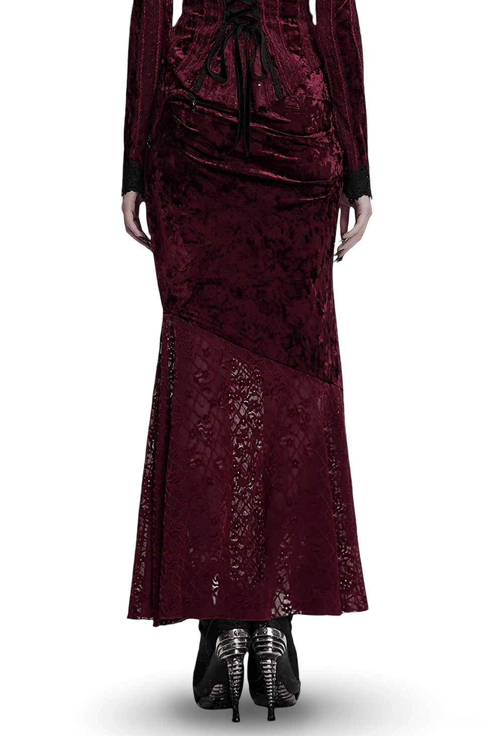 Burgundy gothic fishtail maxi skirt back view with drawstring waist closure and decorative floral lace lower panel