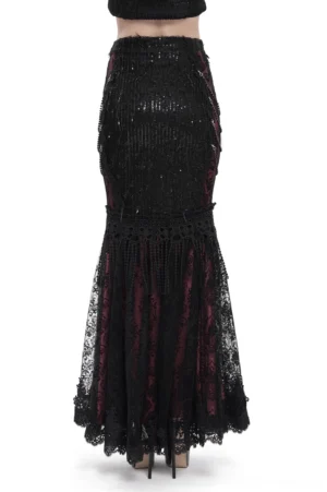 Gothic fishtail maxi skirt rear view featuring all-over sequined black lace, tassel hem trim and dramatic fishtail silhouette